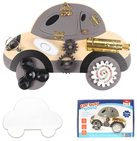 Strixorn Montessori Education Puzzle Unlocking Car Busy Board - Montessori Toddler's Learning Toys, Wooden Busy Boards with Block Latches Gear for Boys & Girls Aged 1-3