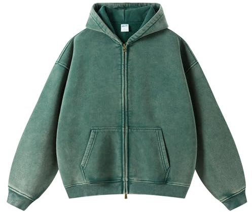 HOTIAN Herren Oversized Hoodie Pullover Vintage Fleece Pullover Acid Wash Basic Warm Kapuzenpullover mit Reißverschluss Streetwear