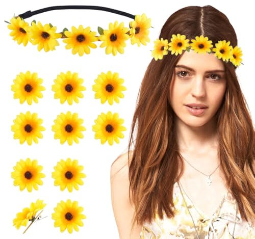 EYVRPAU 10 Haarspangen Blumen Haarband Sonnenblumen Stirnband Gänsenblümchen Haarschmuck Haarreif Blumenkranz Kopfschmuck Damen Mädchen Strand Hochzeit Reise Karneval Party (Gelb)
