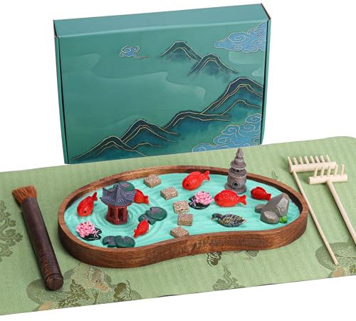 Mini Zen Garden Kit with Rake Desktop Meditation Accessories Zen Sand Garden for Desk Japanese Decor (Lotus Pond)