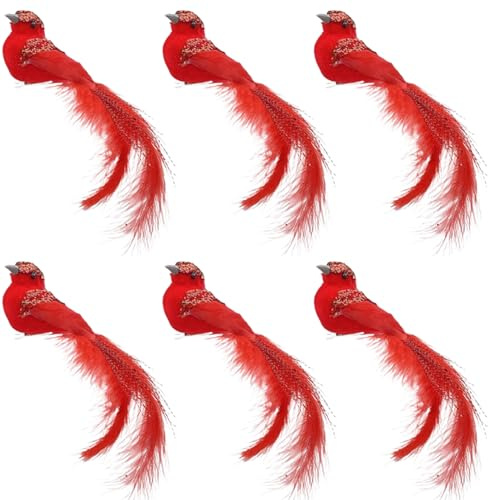 6Pcs Red Cardinal Christmas Ornaments With Clip - Simulated Birds With Long Feathers Tail for Wreaths, Tree Decorations, DIY Crafts