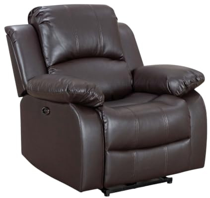 Brown Faux Leather Recliner Armchair | 3 Positions & 160° Electric Recline | Comfy, Space-Saving Single One-Seater Chair | Easy Clean Fabric | Ideal for Living Room, Gaming Room, Bedroom | Valencia