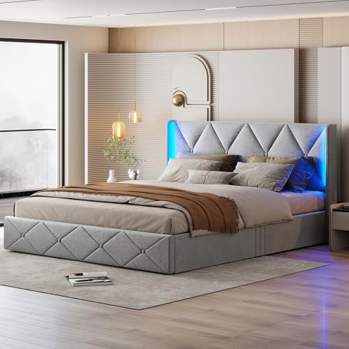 VixorLuilith Doppelbett, gepolstert 140x200cm, Kopfteil mit LED, Doppelbettrahmen, Kastenbett mit Stauraum und Lattenrost, hydraulischer Staurahmen, Matratze Nicht enthalten (Grau, 140x200cm)