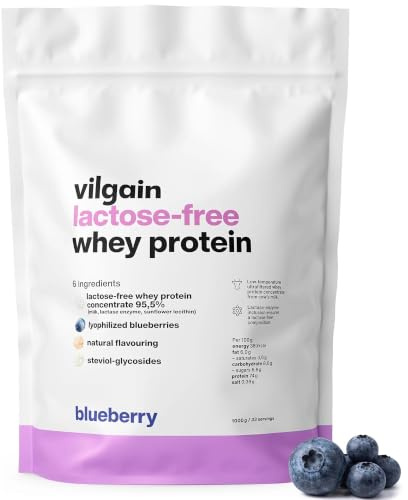 Vilgain Lactose Free Whey Protein Powder Blueberry 1000g | 75% Protein | Low Temp Ultrafiltered Whey Concentrate | Stevia Sweetened | 22g Protein Per Serving | High BCAA Content