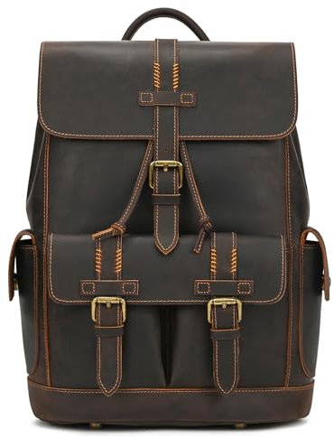 Zaino Business Uomo Pelle Vintage Zaini per 15,6 pollici MacBook Laptop Daypack per Ufficio Zainetto Grande in Vera Pelle, 9495 marrone scuro