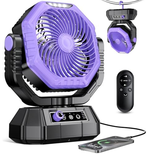 VTHW Camping Ventilator, 20000mAh Wiederaufladbarer Ventilator mit LED Licht & Haken, 270° Drehung, Stufenlose Geschwindigkeit, Timer-Modus, USB Tischventilator für Indoor Outdoor (Lila)