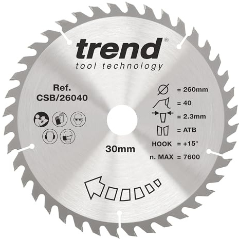 Trend 260mm Wood Circular Saw Blade, 30mm Bore, 40T, TCT, Medium Finish | Ideal For Fast, Clean Cuts In Softwood And Hardwood, With 40 Teeth, 2.3mm Kerf And +15° Hook, CSB/26040