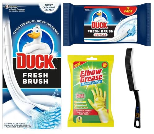 Toilet Duck & Duck Fresh Discs Cleaning Bundle – Toilet Duck Fresh Brush with Holder, Starter Kit, Extra Refill Pack (12 Pads) And Medium Ruber Gloves
