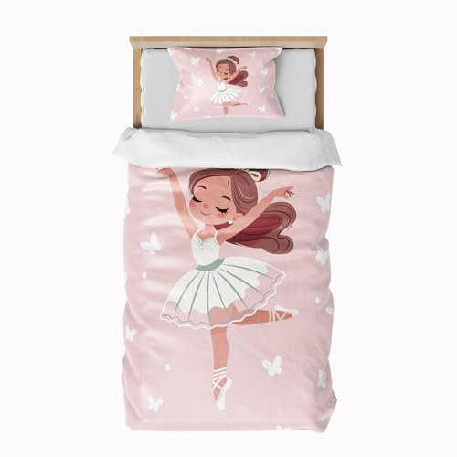 DJDEA Housse de Couette Rose 90x190 Enfant Fille - Parure de Lit 1 Personne avec Taie d'oreiller 40x60 avec Fermeture à glissière, Imprimés pour la Danse des Filles