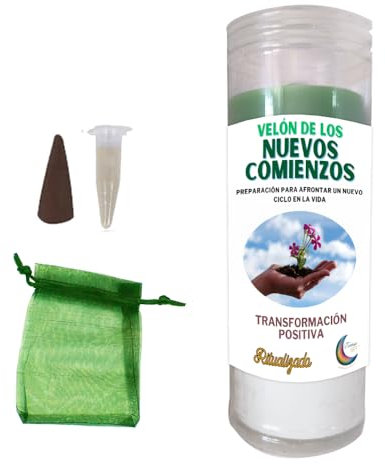 Ritualisierte Stumpenkerze, grün und weiß, 17 cm, mit Ritual-Set