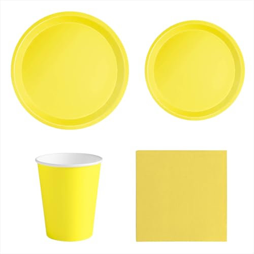 MAXI PRODUCTS - Set Vajilla Desechable Fiesta 20 Personas Amarillo - 114 piezas - Vasos Cartón 270 cc + Platos Cartón Ø17 y Ø20,5 cm + Servilletas Papel 25x25 cm - Menaje para Cumpleaños y Eventos