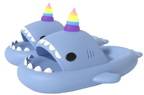 corimori Hai Einhorn Hausschuhe, Badeschlappen mit Regenbogenhorn, in Blau, Rosa oder Schwarz