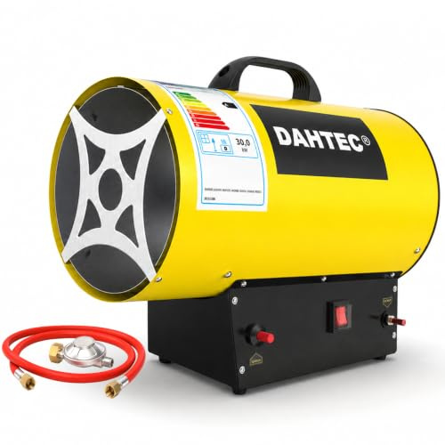 DAHTEC Calefactor de Gas Auxiliar 30 kW - Cañón de Calor - Radiador Soplante de Gas - Calefacción Radiante Con Ventilador - Soplador de Aire Caliente para Obras, Amarillo