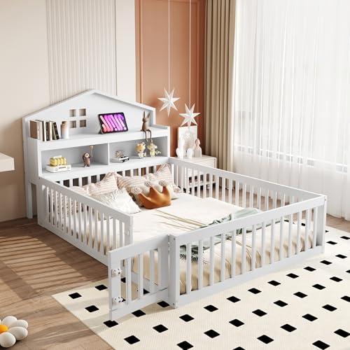 Kinderbett Bodenbett 140x200 mit Rausfallschutz&Lattenrost, Montessori Bett mit Stauraum-Kopfteil&Tür, Massivholz Hausbett Doppelbett Baumhausbett Gitterbett Bettgestell Spielbett, Ohne Matratze,Weiß