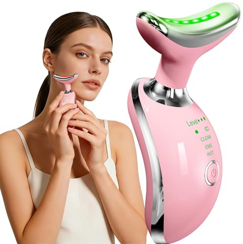 Face and Neck Massager Tool with Heat & 3 Light Therapies, Smart Vibration, Red-Light-Therapy and EMS Modes, Gua Sha Facial Tools for Face and Neck Skin Care and TMJ Relief (Pink)