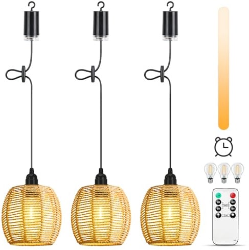 Lightsjoy 3 Stück Hängelampe mit Batterie Outdoor Akku Pendelleuchte Innen | Boho Rattan, Hängelampe ohne Strom, mit Fernbedienung Glühbirne, dimmbar, Timer, IP65 wasserdicht für Balkon Terrasse
