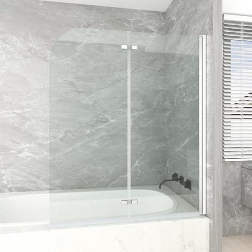 T&K Duschwand für Badewanne 120x140cm Chrom, 2 teilig Faltbar Glas Badewannenwand 5mm Gehärtetes Sicherheitsglas Beidseitig Leicht Zu Reinigen Badewannenaufsatz Duschabtrennung für Badewanne