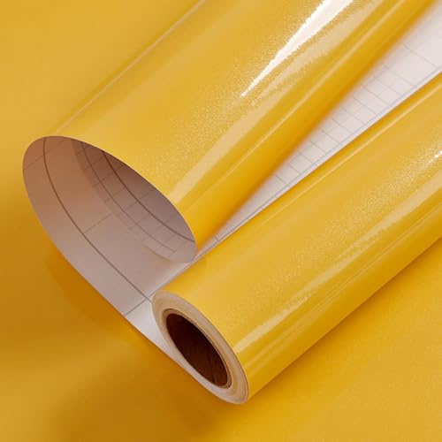 LaCheery Gelb Klebefolie Möbel Hochglanz Küche Folieren Arbeitsplatte 40cm x 200cm Wasserdicht Möbelfolie Gelb Muster Vinyl Klebefolie Küche Glitzer Küchenfolie Selbstklebend Schränke für Tisch Bad