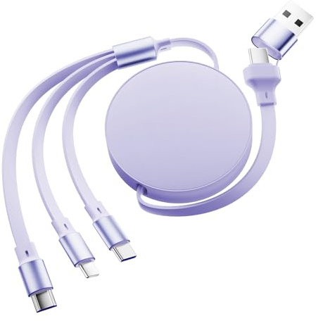 RUIZHI 3 in 1 Multi USB Kabel 120W USB Ladekabel Mehrfach Schnellladekabel mit Micro/Phone/Type C Universal Einziehbares Ladekabel Kompatibel für i-Phone, Laptop, i-Pad, Galaxy S23 S22(Lila)