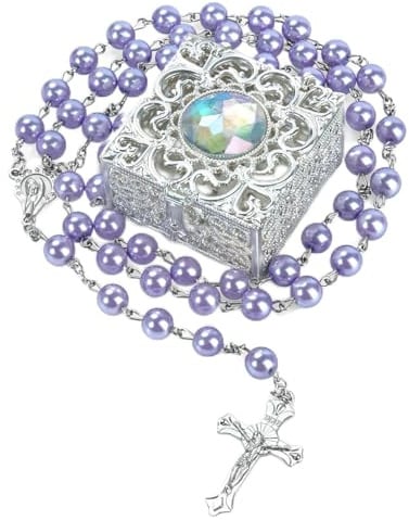 LQTSLFM Rosenkranz Kette mit Case, Rosenkranz Kommunion Männern Damen, Rosary Necklace in Im Metallbox, Rosenkranzkette Geschenk für Angehörigen, Älteste, Liebste