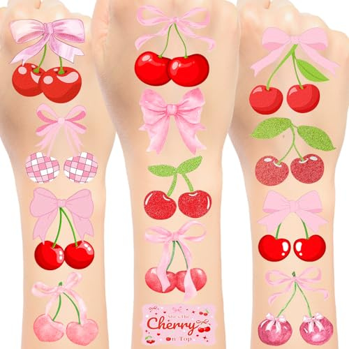 144 PCS Cherry Temporary Tattoos Stickers, Cherry Party Favors Birthday Party Decorations Party Supplies, 24 Sheets