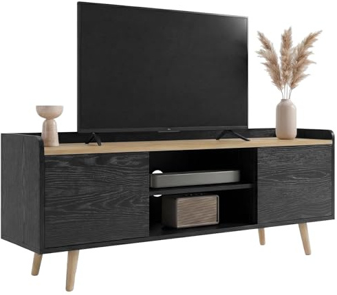 Blisswood 112cm TV Stand Cabinet for up to 43–50 Inch TVs, Modern TV Unit with Storage & Open Shelf, Wooden Legs Entertainment Console Table for Living Room & Bedroom, Black & Oak