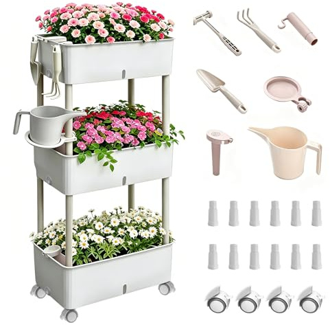 Hochbeet mit Rädern Pflanzkübel 3 Etagen Blumenkasten Hochbeet Kunststoff | 118.5x46.6x25.5cm, Ablage, Pflanzkasten mit Haken & Rolle, Kräuterbeet Gemüsebeet für Balkon Garten Terrasse