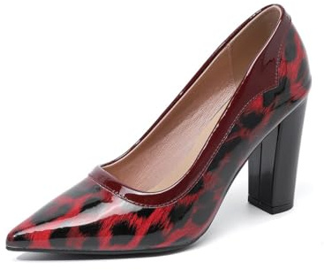 228-135DX - Décolleté da donna con tacco a blocco, in pelle verniciata, con stampa leopardata, Rosso, 38.5 EU