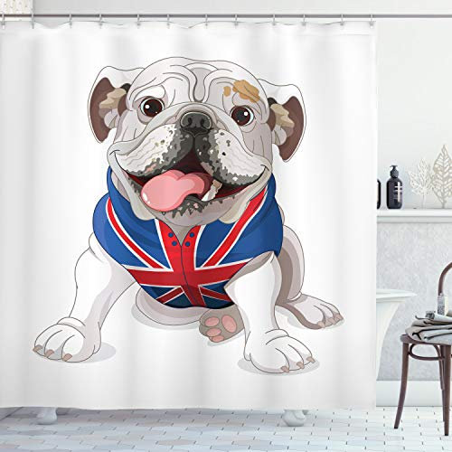 ABAKUHAUS Bulldog Anglais Rideau de Douche, Chiot avec Le Drapeau, Tissu Ensemble de Décor de Salle de Bain avec Crochets, 175 cm x 200 cm, Crème Bleu Marine Rouge