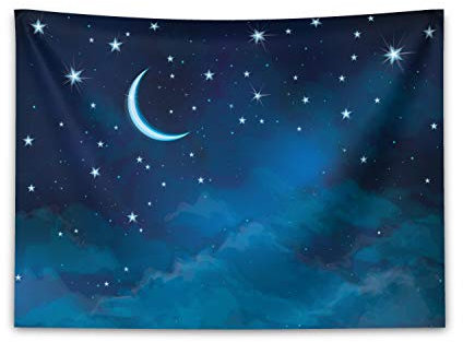 ABAKUHAUS Sterne Wandteppich, Nacht-Skyline-Illustration mit Aquarell-Effekt Mondsichel und Wolken, aus Weiches Mikrofaser Stoff Wand Dekoration Für Schlafzimmer, 150 x 110 cm, Blassblau Nachtblau