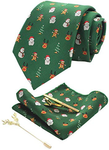 JEMYGINS Cravate Homme Arbre de Noël bonhomme de neige vert/blanc/orange en Soie de Noël Christmas et Pinces à cravate et Carre de poche Emsemble