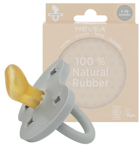 HEVEA Sucette Bebe PHYSIOLOGIQUE caoutchouc naturel / 3-36 mois - Sans BPA, PVC, ni Phtalates - Design Danois Tétine avec 4 Trous de Ventilation - Hygiénique - Boite unitaire (Gris)