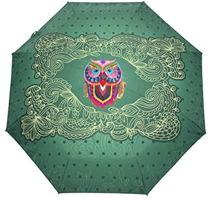 Dunkelgrüne Eule Regenschirm Auf-Zu Automatik UV-Schutz Taschenschirm Winddichter Umbrella Klein Leicht Schirm Kompakt Schirme für Jungen Mädchen Reise Strand Frauen
