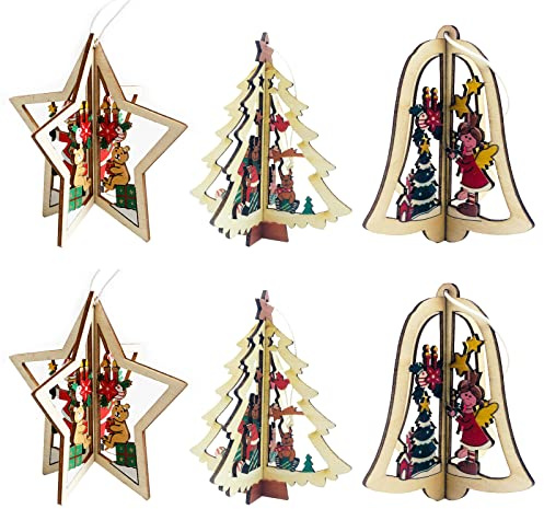 Etern 6 Pieces Wooden Christmas Tree Decoration, Christmas Tree Hanging Ornaments Set, Hanging Ornaments Christmas Decor, for Christmas Tree, Window, Ceiling