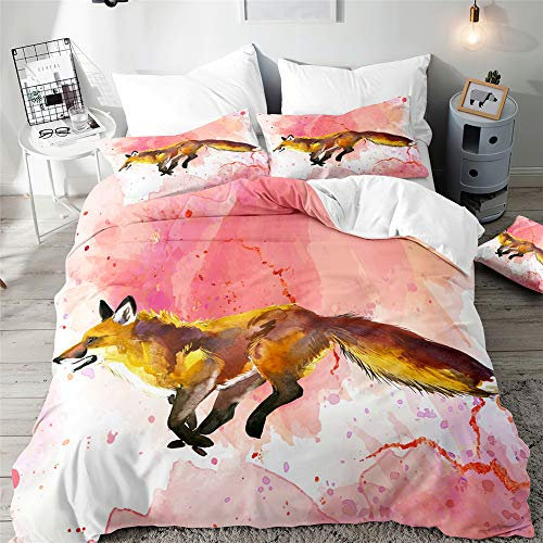 Morbuy Fuchs Drucken Bettbezug Bettwäsche Set, 3D Drucken Bettwäsche-Set Junge Mädchen Deluxe Mikrofaser Weiche mit Reißverschluss Bettbezug und Kissenbezüge (135x200cm,Aquarell Pink)