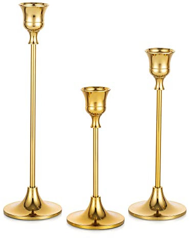 Romadedi kerzenständer Metall Gold 3er Set - Dekorativer Vintage Kerzenhalter in Unterschiedlicher Größe Kerzen Ständer für Stabkerze Spitzkerzen Hochzeit Party Weihnachten Tischdeko 15/19/24cm