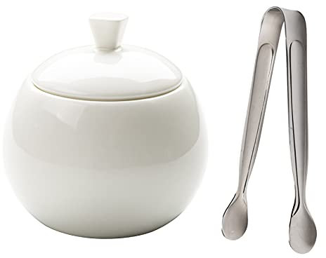 ZXHStore Ceramic Sugar Bowl with Lid and Sugar Cubes Tongs, 15.5 Ounces White Porcelain Sugar Holder Container for Home and Kitchen