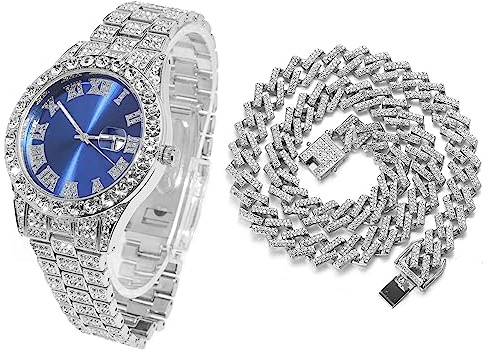 Halukakah Blaues Zifferblatt Diamant Golduhr Iced Out, Männer 18k Echtgold/Platin Weißgold Plattiert Quarz Armband 24cm, mit Kubanische-Kette Halskette Armband-Set Optionen, mit Geschenkbox