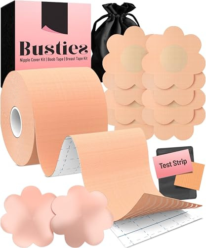 Busties Boob Tape, Replace Your Bra - Instant Breast Lift Suitable for A-DD, Boobytape Lift, Incl. 1 4 Pairs Satin Petals, Pair Silicone Nipple Stickers, Nude, Large