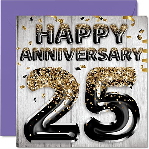 Tolle silberne Jubiläumskarte für Ehemann Freund Ehefrau Freundin Freundin Schwarz Gold Glitzer Ballon – Happy 25th Anniversary Cards from Family 145 mm x 145 mm Grußkarten Twenty-Fifth Anniversaries