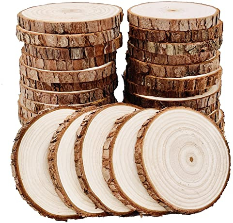 William Craft Unfinished Natural Wood Slices with Bark - 30 Pcs 3.5-4 inch Craft Wood kit Circles Crafts Christmas Ornaments DIY Crafts with Bark for Crafts Rustic Wedding Decoration