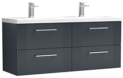 nuie DPF1493F Deco Modern Bathroom Wall Hung 4 Drawer Part Fluted Vanity Basin Unit with Twin Ceramic Basin, 1200mm, Soft Black