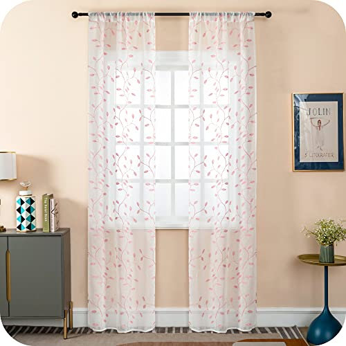 GIRASOLE HOME® Coppia Tende Filtranti in Simil Lino Fantasia Rampicanti Tenda per Porta Finestra ed Interni 2 Pannelli con Tasca e Passanti Nascosti (Rosa, 70x235cm)
