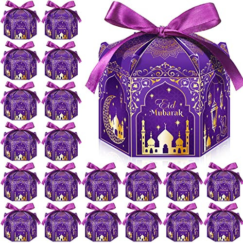 24 Stück Ramadan Mubarak Box Eid Mubarak Cupcake Süßigkeiten Schachtel aus Papier Muslim Party Mitgebsel Box Geschenkbox für Eid Al Fitr Party Zubehör (Lila)