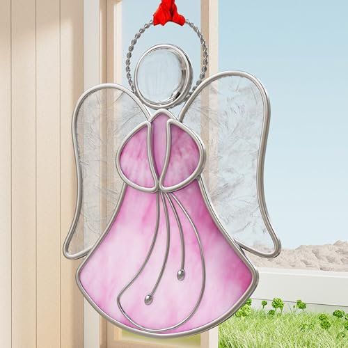 KUNDGLA Stained Glass Panels Pink Angel Suncatchers Panels hangings for Windows oranment Mom Gifts- Gifts for Mom Mothers Day or Garden Windows Christmas Tree Decoration Holiday Decor