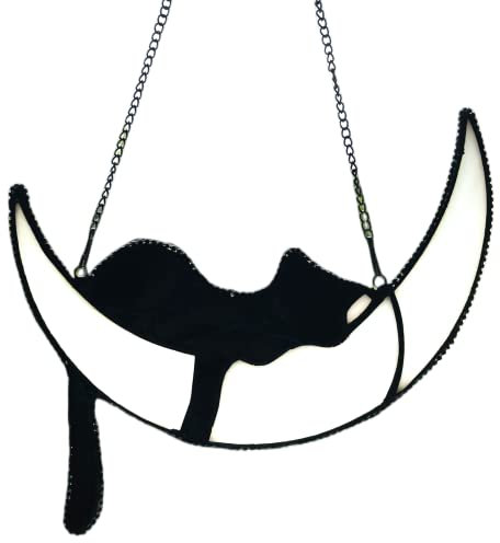 Schwarze Katze Dekor auf weißem Mond Buntglas Fenster Hängender Sonnenfänger für Fenster Paneele Katze Sonnenfänger Hängende Ornamente Katzenliebhaber Verlust Sympathie Geschenke, Gedenkgeschenk
