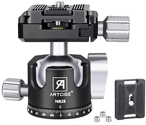 Testa per treppiede a basso profilo ARTCISE, testa a sfera panoramica da 28 mm interamente in metallo con lavorazione CNC e due piastre a sgancio rapido per treppiede, DSLR, carico massimo 10 kg