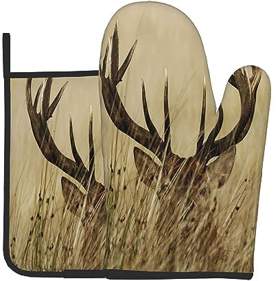 LAMAME Whitetail Hirsch Rehkitz in Wildnis Hirsch gedruckt Ofenhandschuhe und Topflappen Set Waschbare Ofenhandschuhe Küche Thermo-Pads