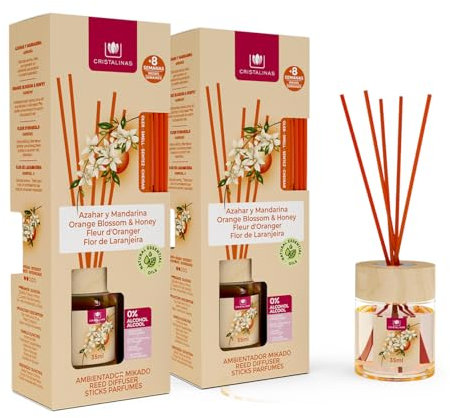 CRISTALINAS | Pack 2 Ambientador Mikado Clásico | 100% Puro | Larga Duración 8 Semanas | 2x35ml | 0% Alcohol (Azahar, 2x35ml)