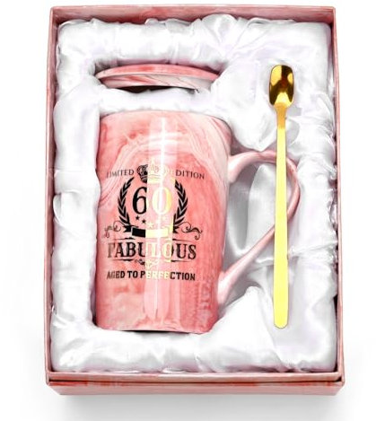 60. Geburtstag Geschenke für Frauen, 360ml Gold gedruckt Keramikbecher mit Löffel mit Löffel in einem schönen Geschenk-Box, Limited Edition Geschenk für Ihre Mutter, ehefrau, Großmutter, Schwester